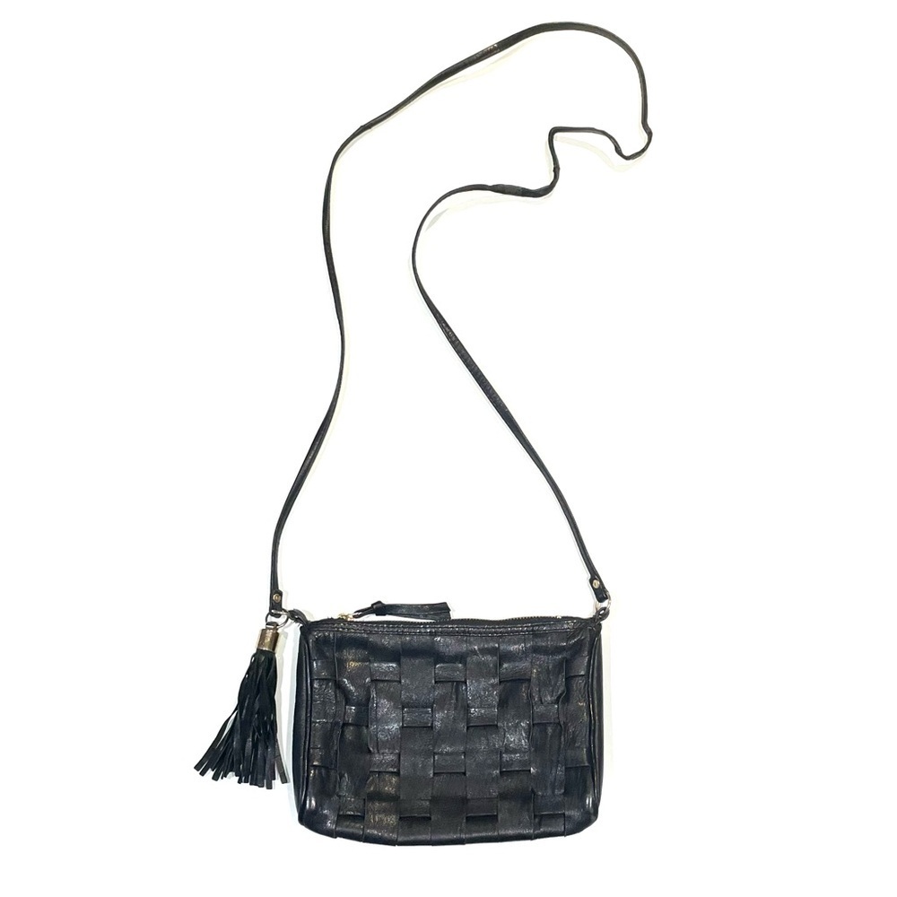 Black Topshop Real Leather Basket Weave Crossbody/Shoulder Bag/Purse with Tassel